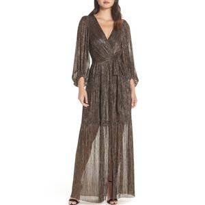 eliza j backless metallic maxi wrap dress
